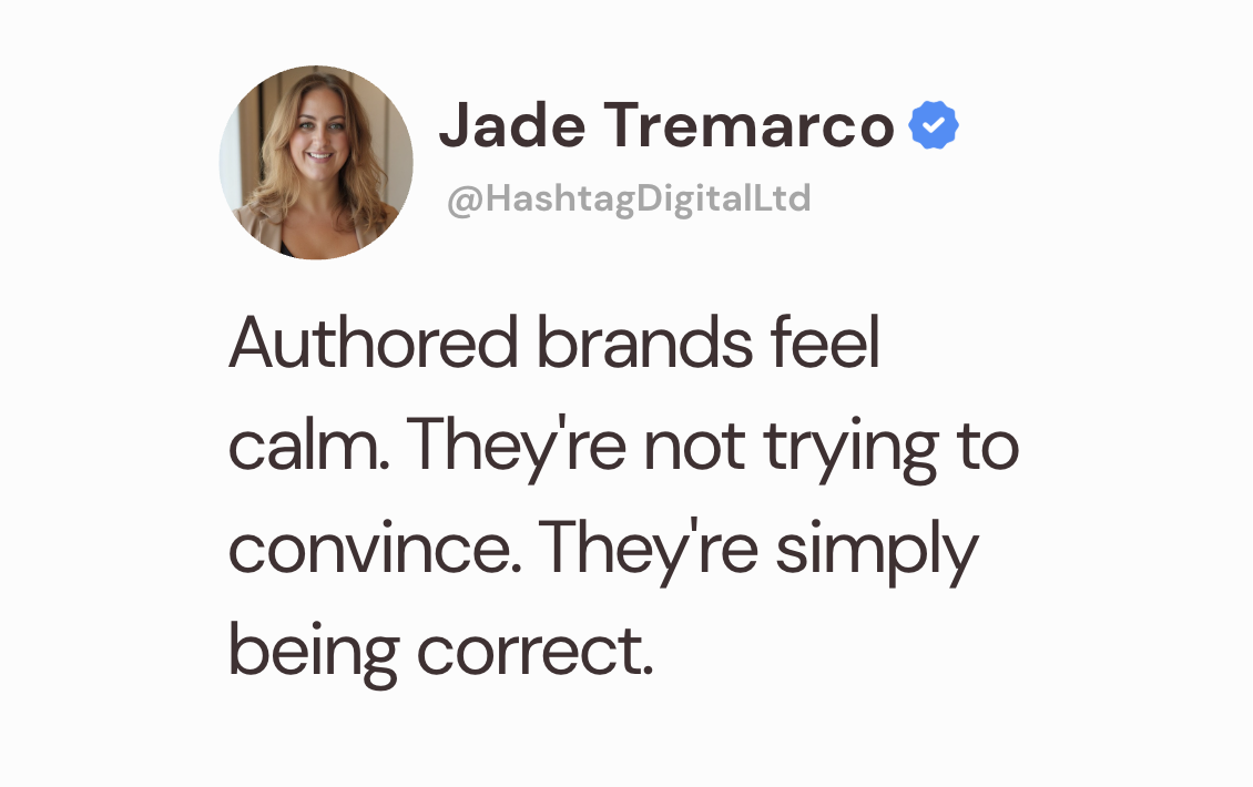 Design with authorship quote about strategic brand decisions creating calm authority